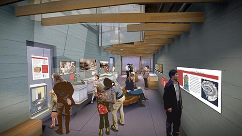 Rendering of exhibit interior with interpretive stations and benches