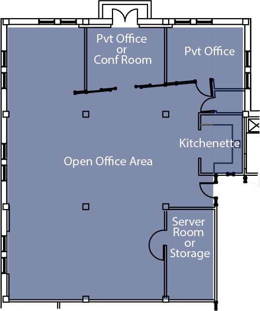 Floor plan showing open office area, two private offices, kitchenette, and storage