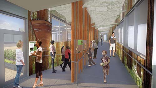 Rendering of interior corridor with architectural details representing natural shapes and ecosystems