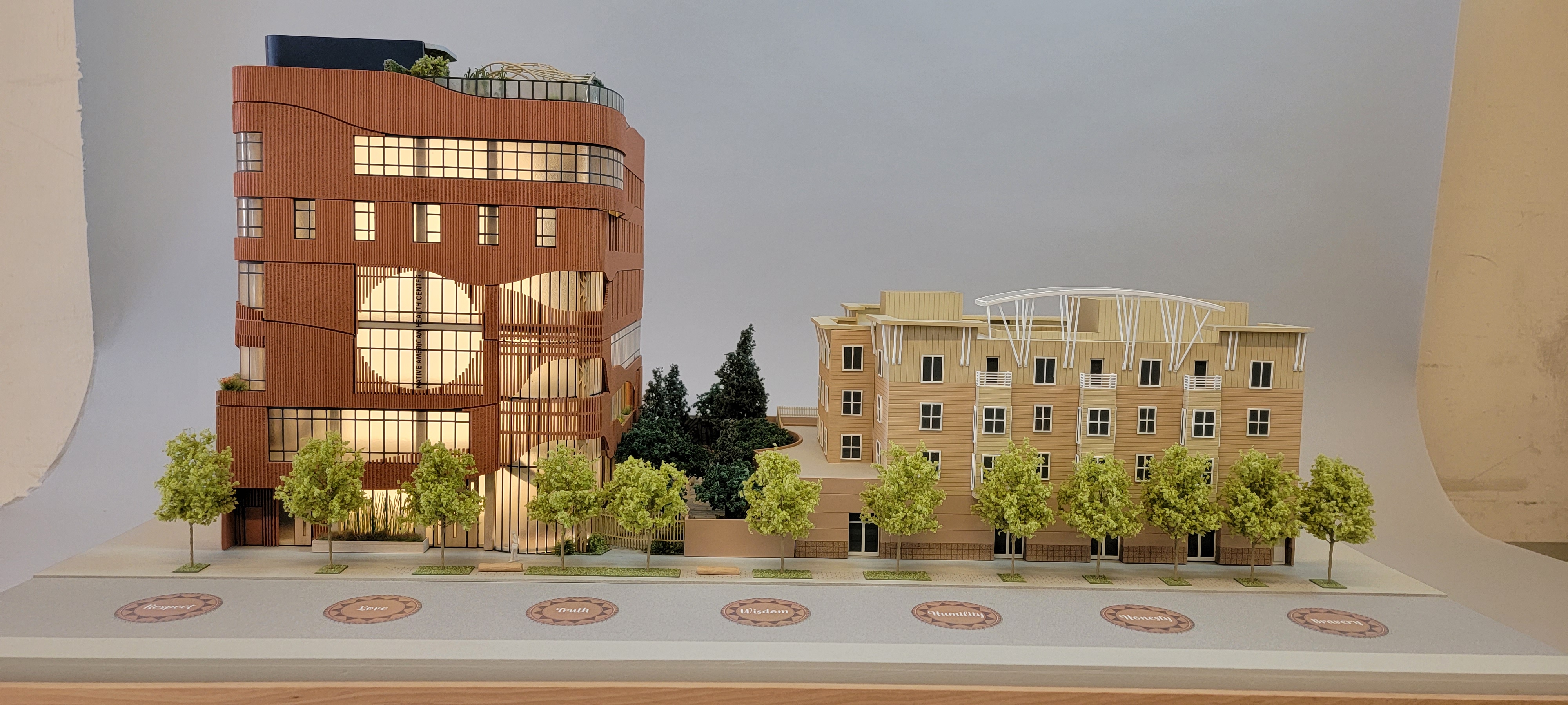 front view image of physical model showing two buildings side by side