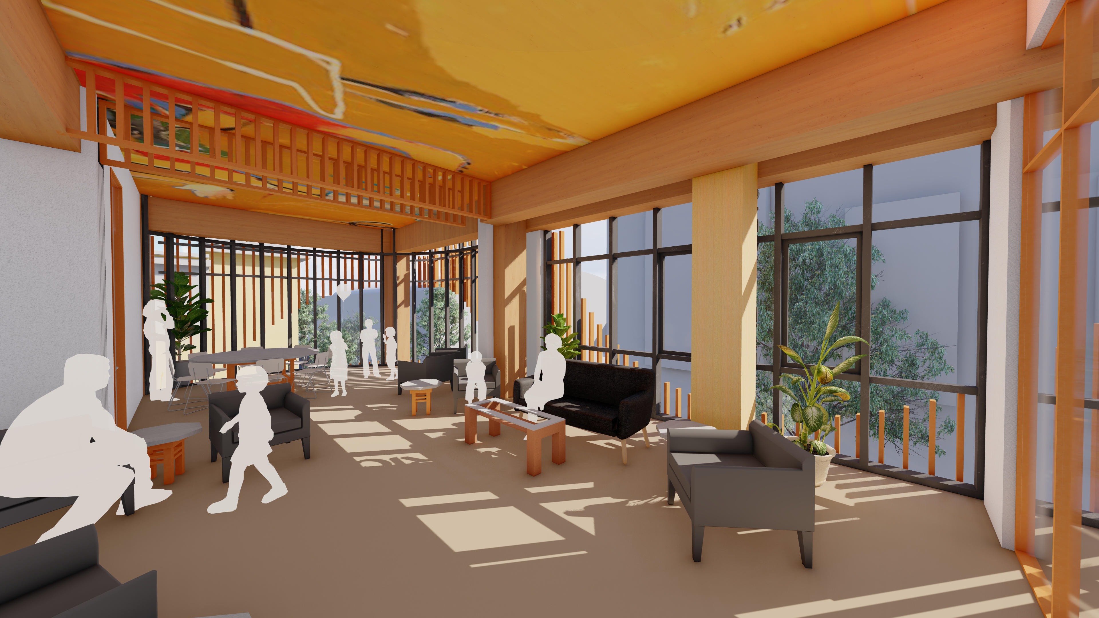 Interior view rendering showing common area with chairs and windows