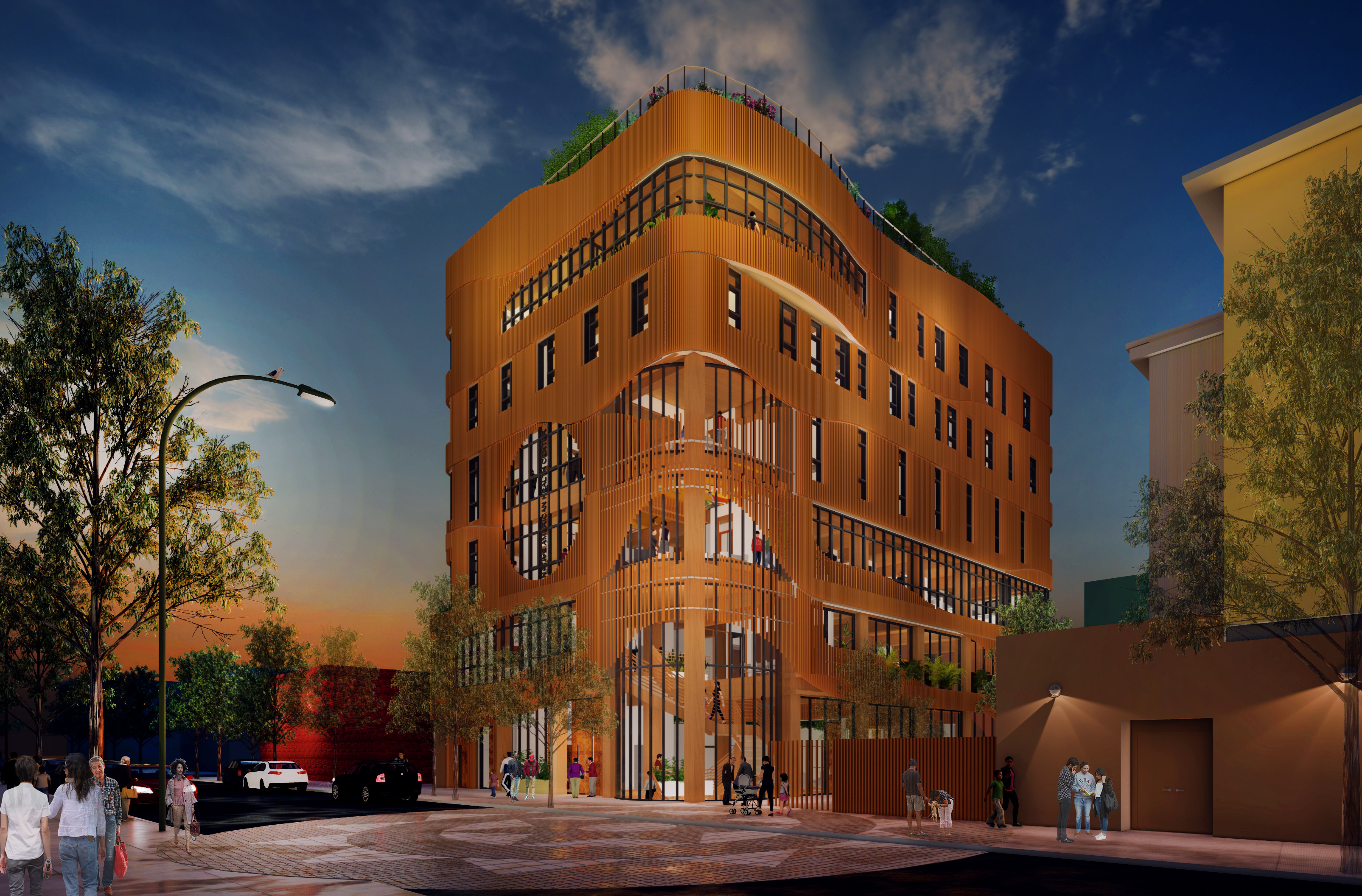 Exterior rendering of new 2-story building depicted at night