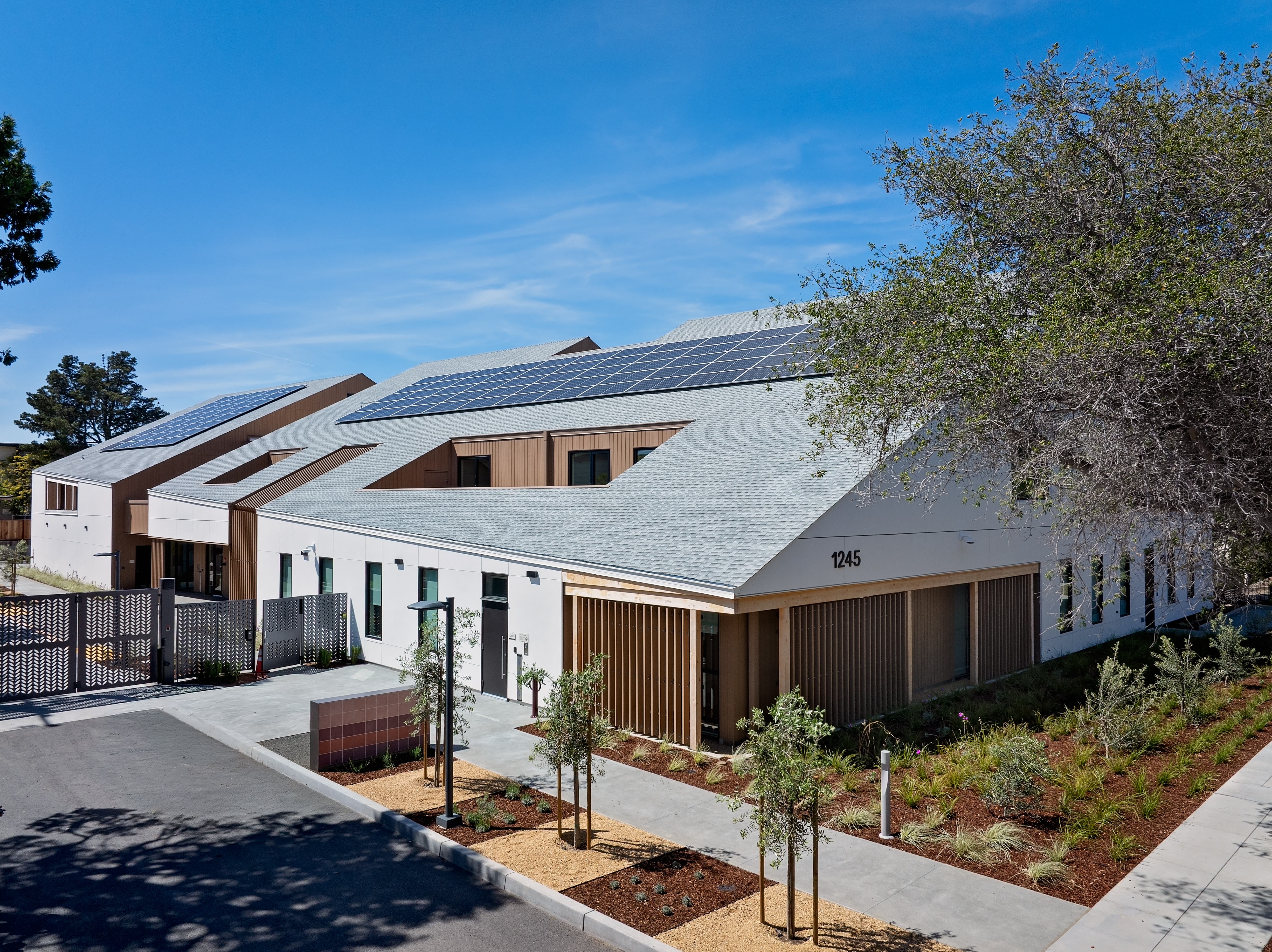 Aerial view of a single-story building with a steep, multi-gabled roof covered in solar panels, marked with the address 1245. The facade mixes white panels, vertical wood slat screens, and brown metal siding. A landscaped walkway lined with young trees and native plants leads to a decorative perforated metal gate, with a mature oak tree at right.