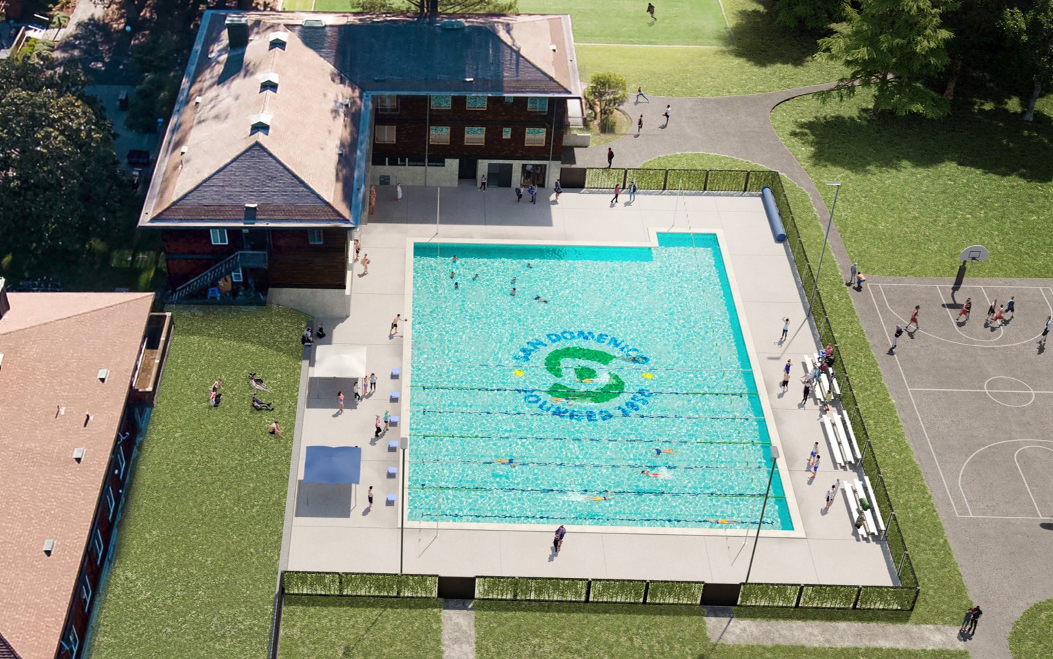 Exterior aerial rendering of pool with aquatic center logo in pool