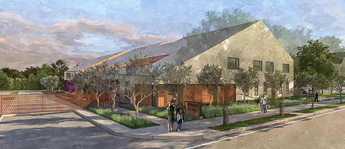 Exterior rendering of wellness center with distinct sloping roofline nestled among street trees