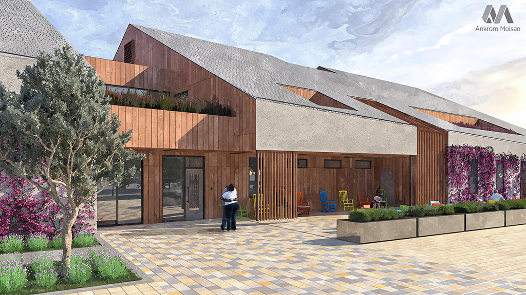 Rendering of building entrance plaza with decorative stone tiles, wood siding, and lush planters