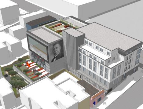 Bird's eye rendering of building exterior showing building, rooftop deck, courtyards, and mural