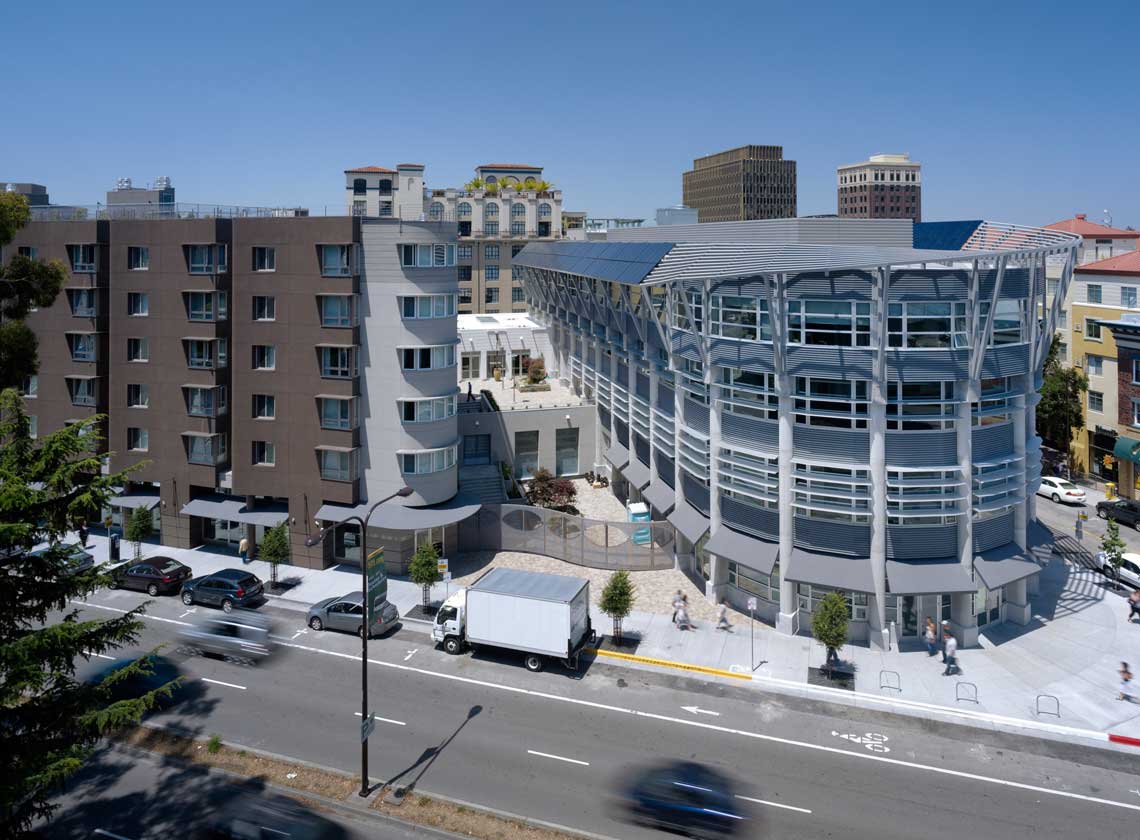 High angle daytime exterior view of David Brower Center and Oxford Plaza