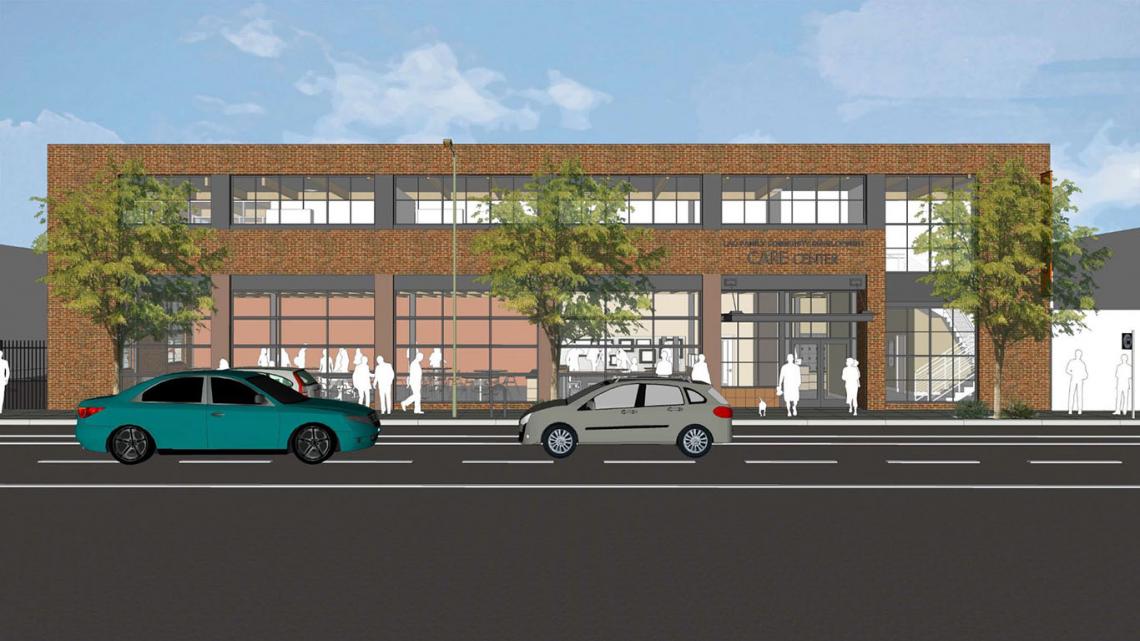 Street-level rendering of two-level building with brick façade and large windows along 12th Street in Oakland