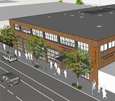 Bird's eye rendering of building exterior along 12th Street with sidewalk and street trees