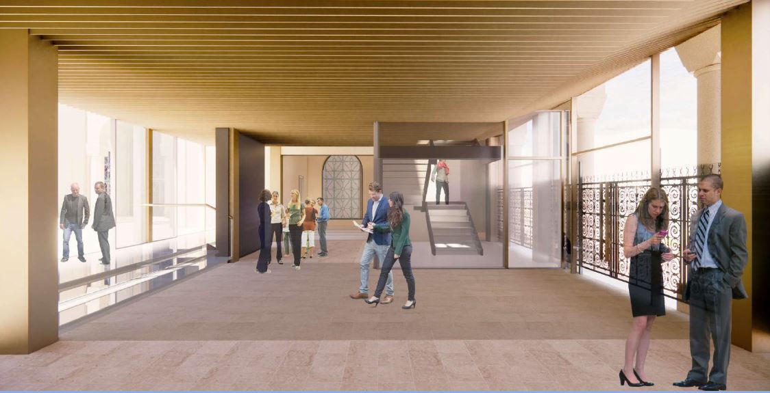 Rendering of courtyard stair at gather space.