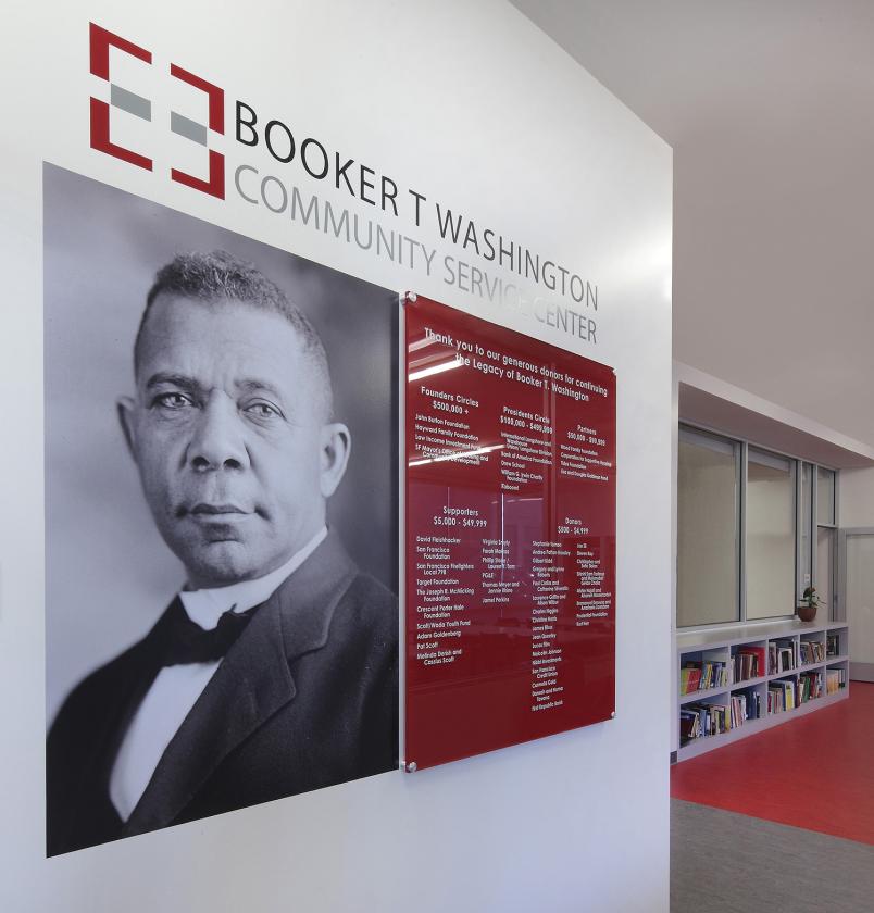 Interior view of Booker T Washington and bright red donor recognition wall