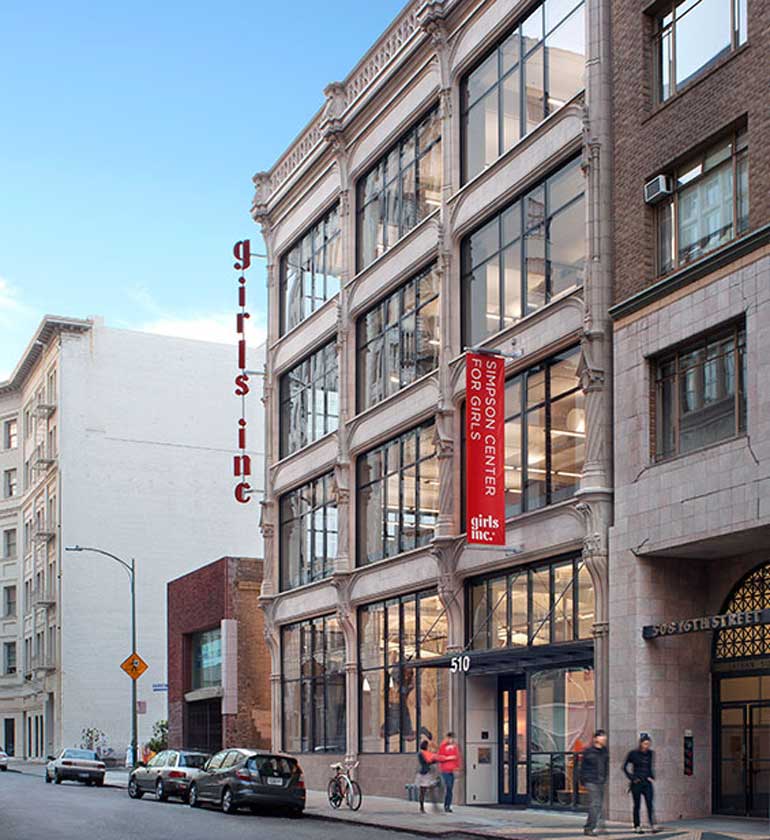 Daytime exterior of Girls, Inc. building façade at 510 16th Street in Oakland