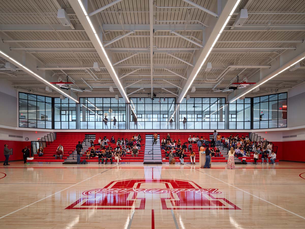 Gymnasium and red bleachers