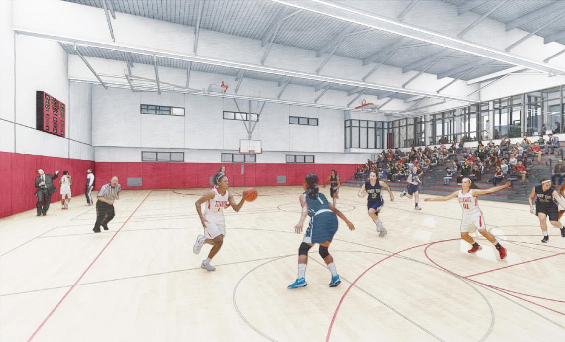 Rendering of gymnasium interior showing basketball players