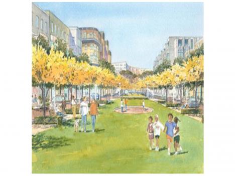 Watercolor rendering of landscaped lawn lined with trees and benches between a variety of multifamily buildings