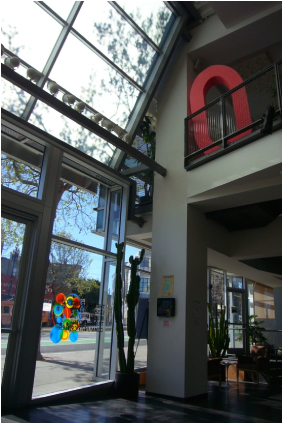 Interior view of building lobby with views to Market Street