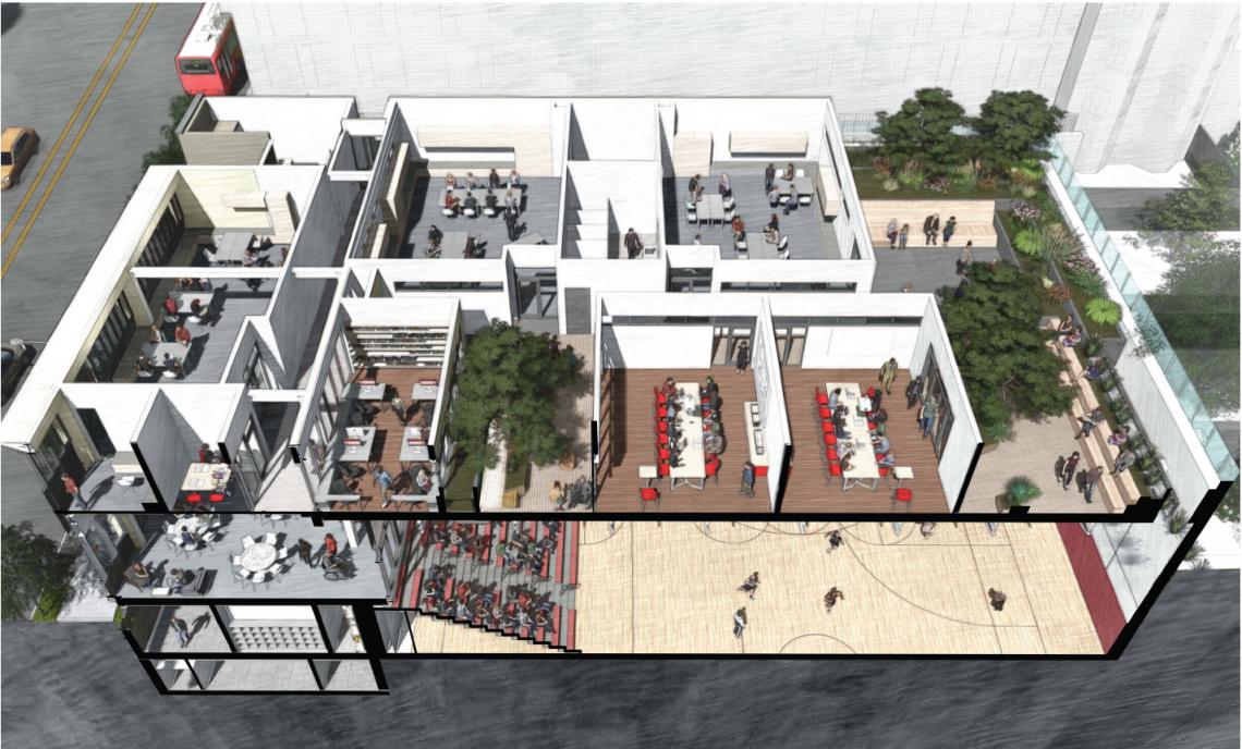 Section perspective rendering looking west of interior showing multiple stories with offices, classrooms, and gymnasium