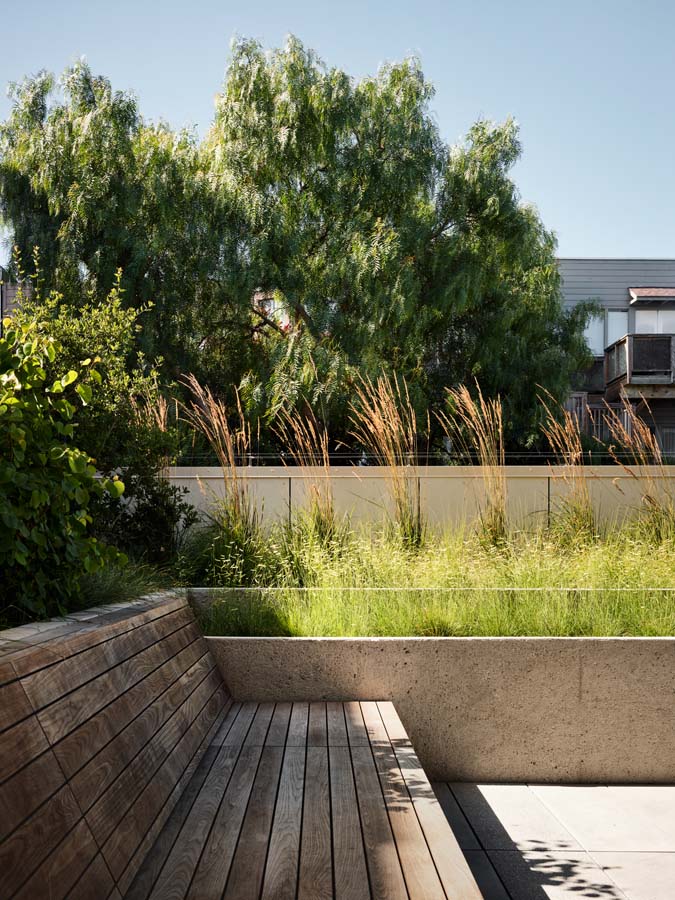 Roof patio showing plants and bench.
