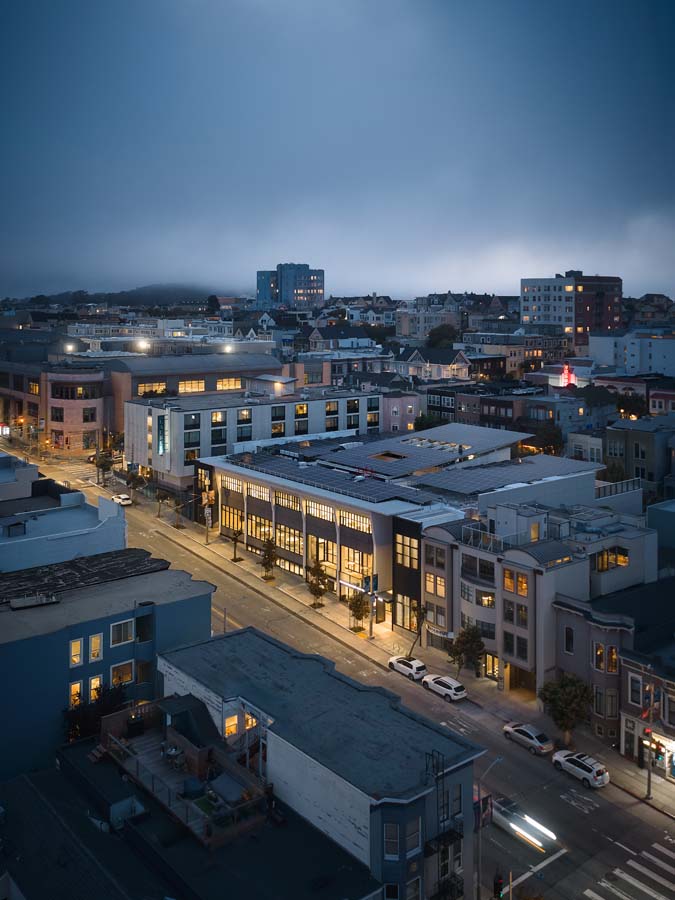 Exterior aerial view of 3150 California Street at dusk