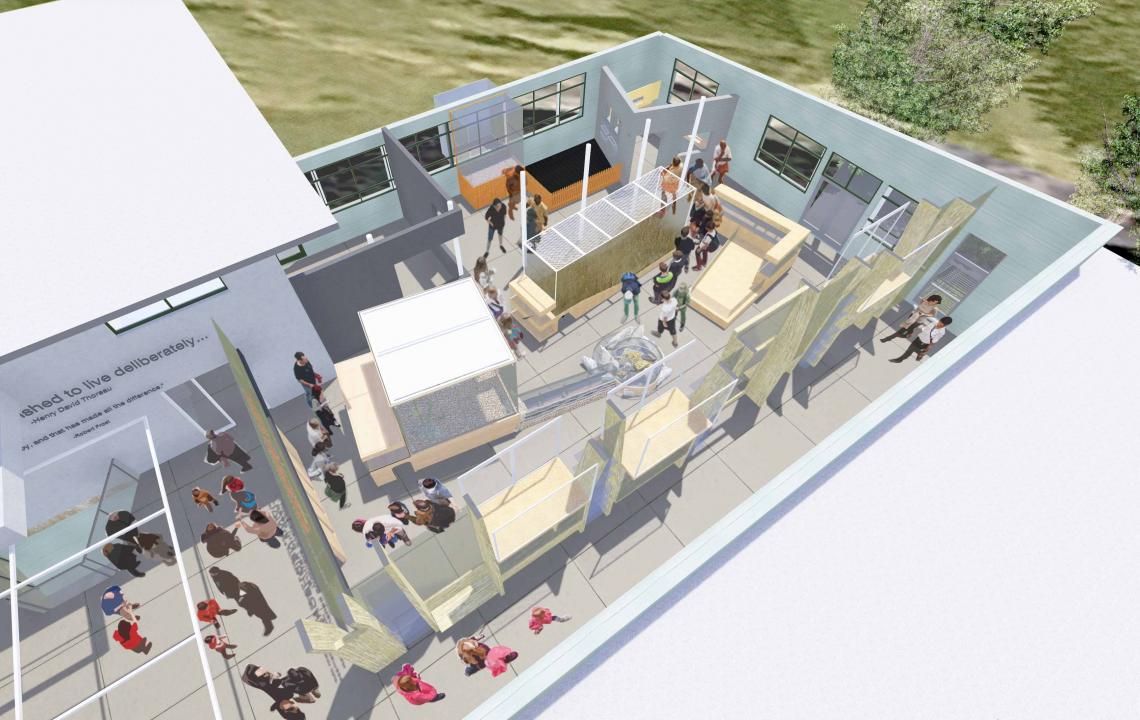 Bird's eye rendering of exhibit space as seen from above without roof