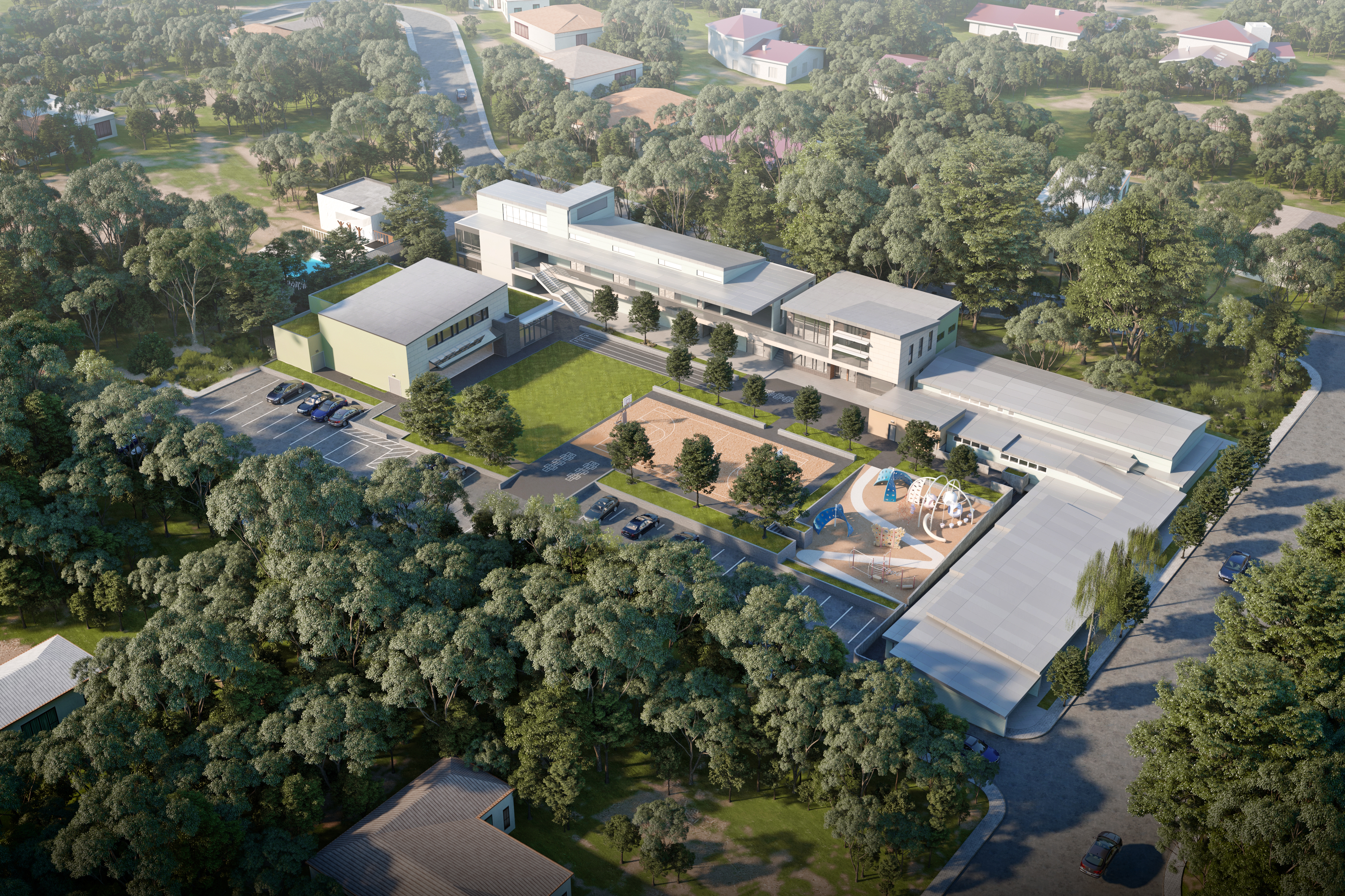 Aerial Rendering of campus showing multiple buildings and landscaping