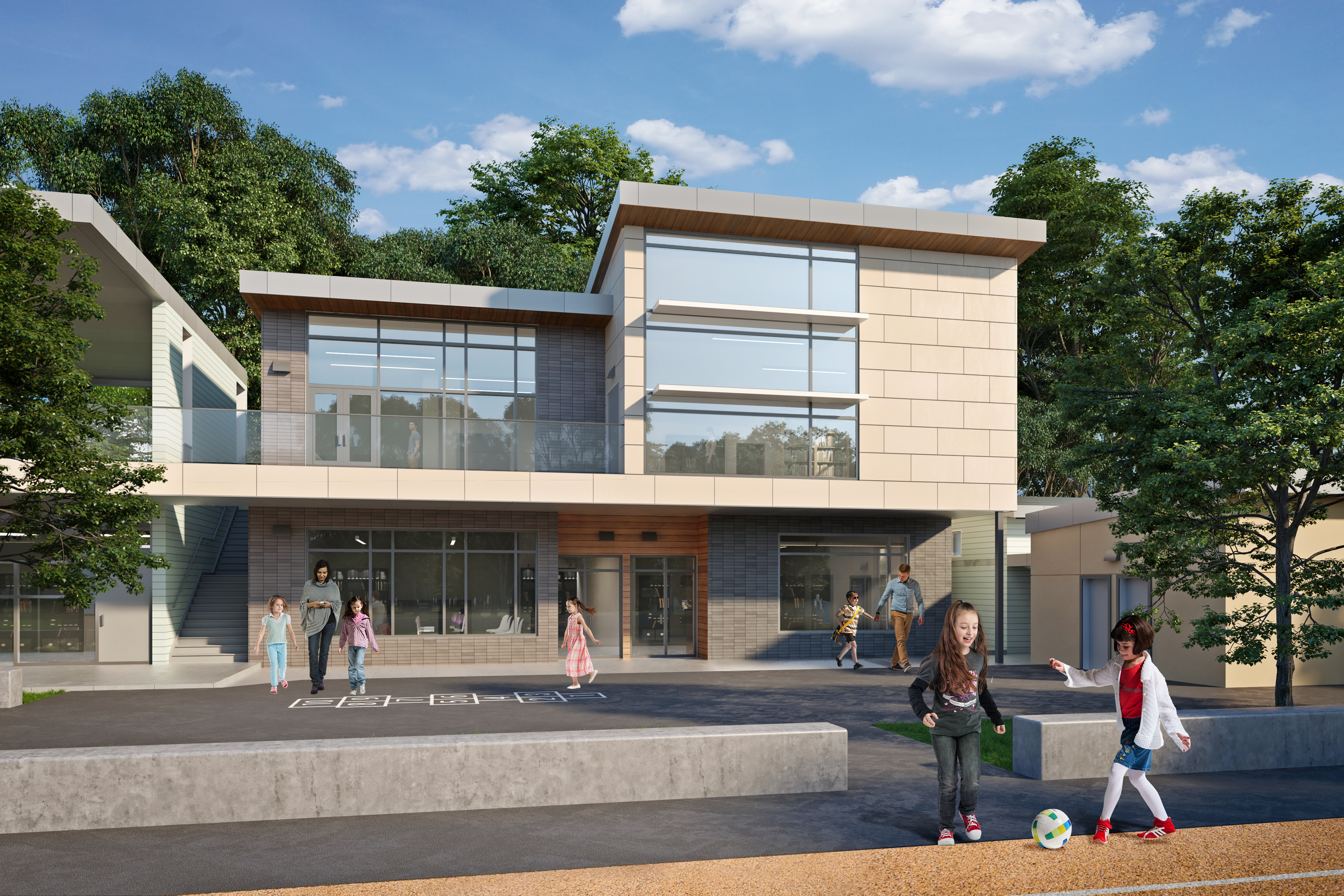 Exterior rendering of three story library with picture windows and people in front of building