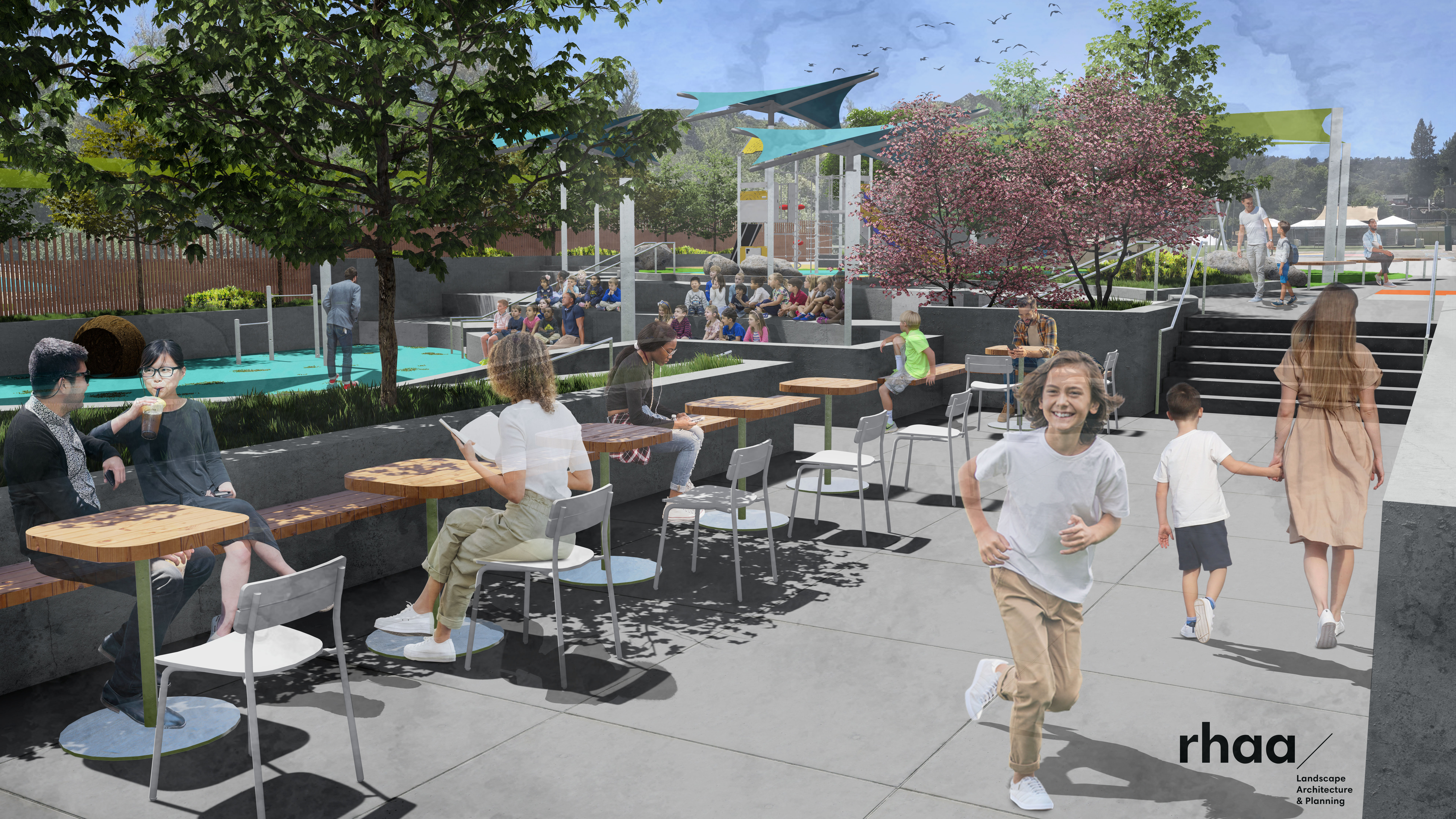 Exterior rendering of building entrance with children playing and out door tables and chairs