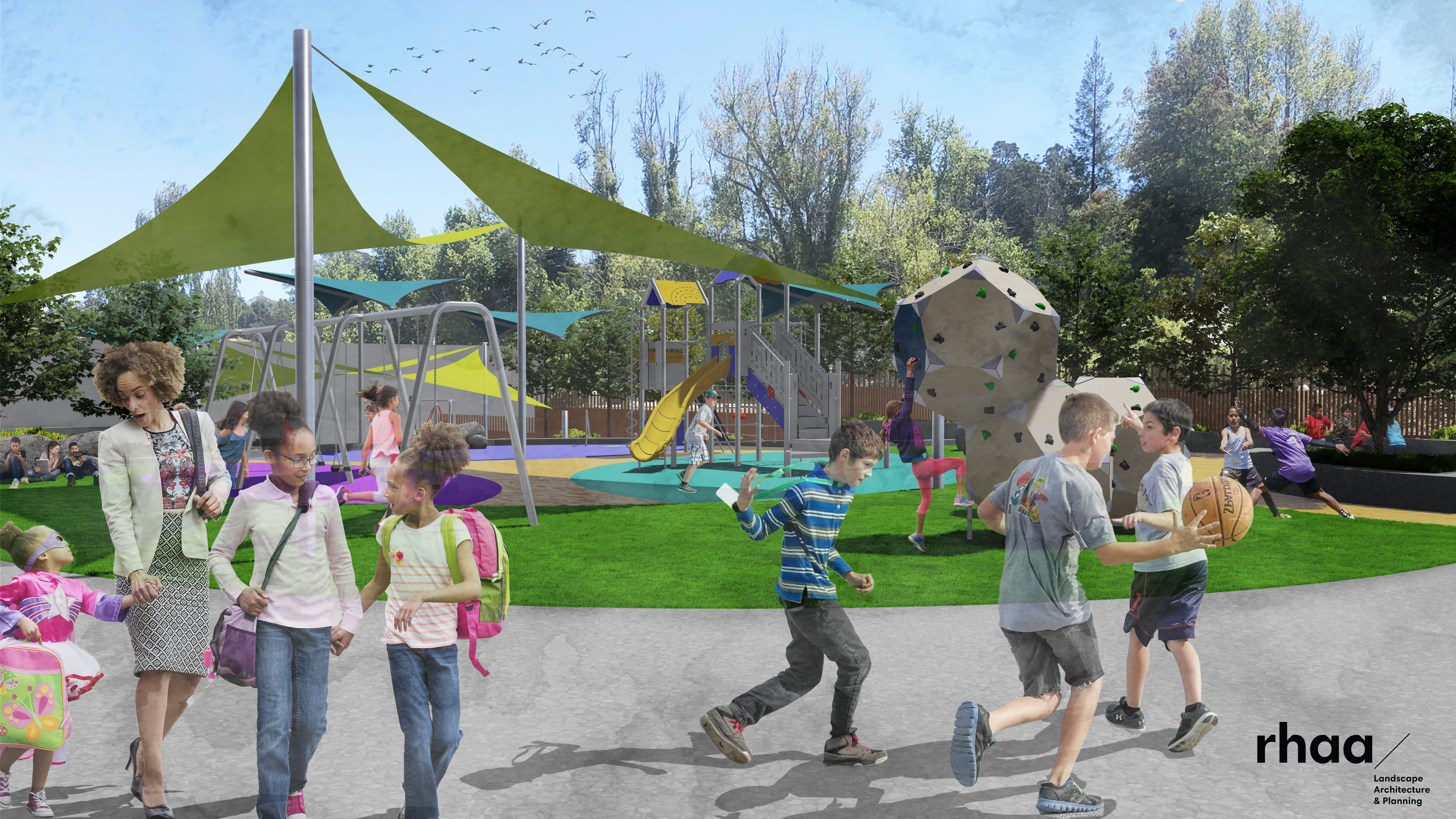 Exterior rendering of the upper school play area with children playing