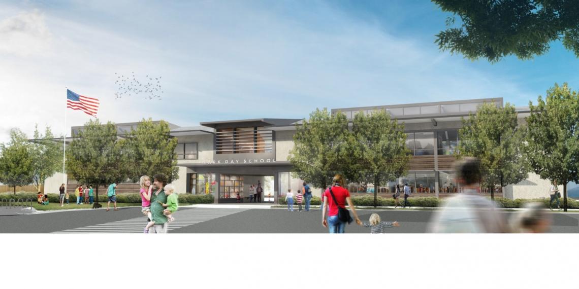 Rendering of school exterior showing people coming and going with lush trees and flagpole