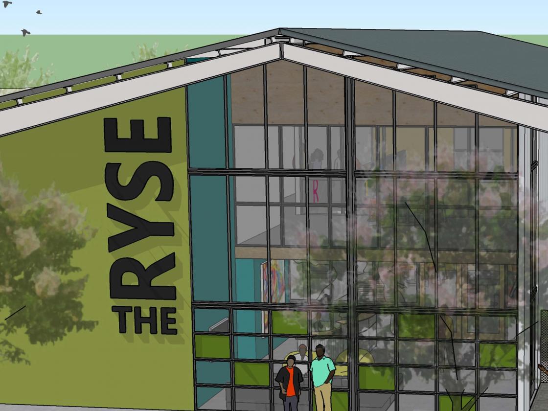 Rendering of front of building with large atrium windows, graphic sign on colorful walls and decorative color glass panels