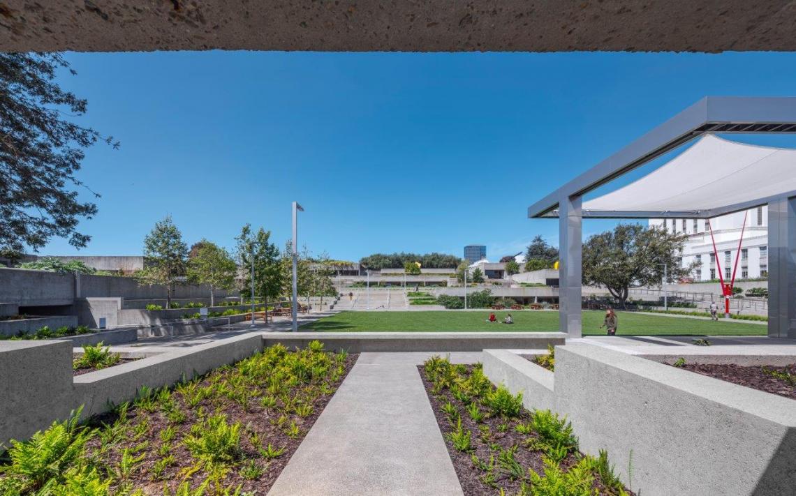 Museum exterior, terrace, and garden.