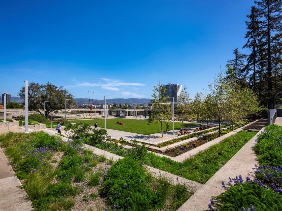 Museum exterior of terraced gardens.