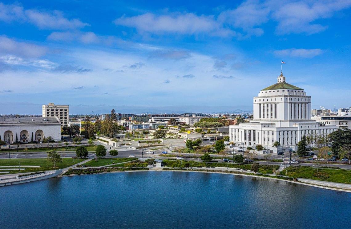 Ariel view of Lake Merrit with Oakland Museum of California.