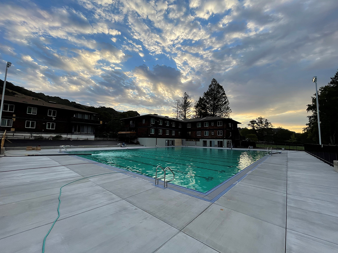 Pool view looking at buildings.