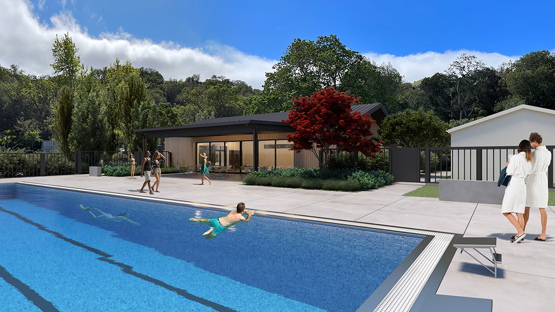 Rendering of pool with community center in background.