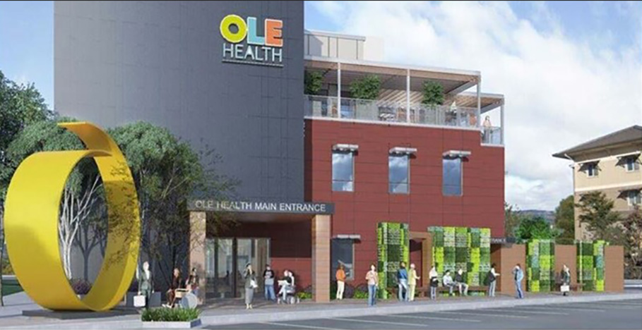 Rendering of the entrance to the OLE Health Center