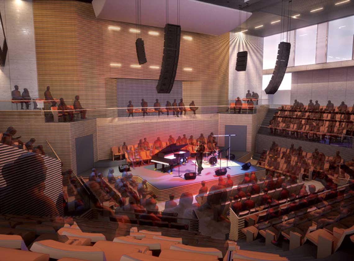 Rendering of intimate interior performance hall with wood acoustic paneling