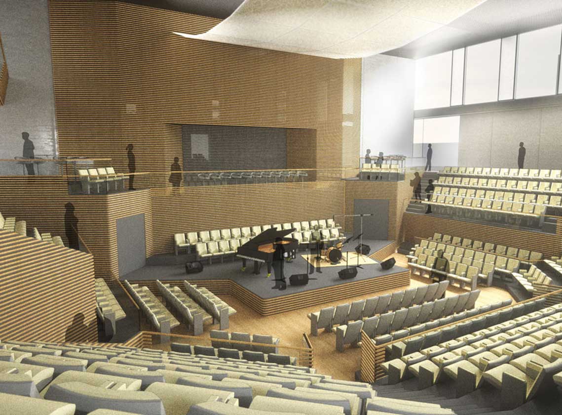 Rendering of interior performance hall flooded with daylight