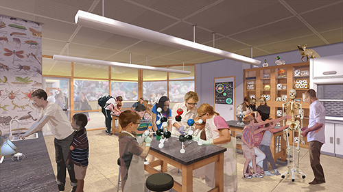 Rendering of science lab space with figures doing learning experiments at high tables