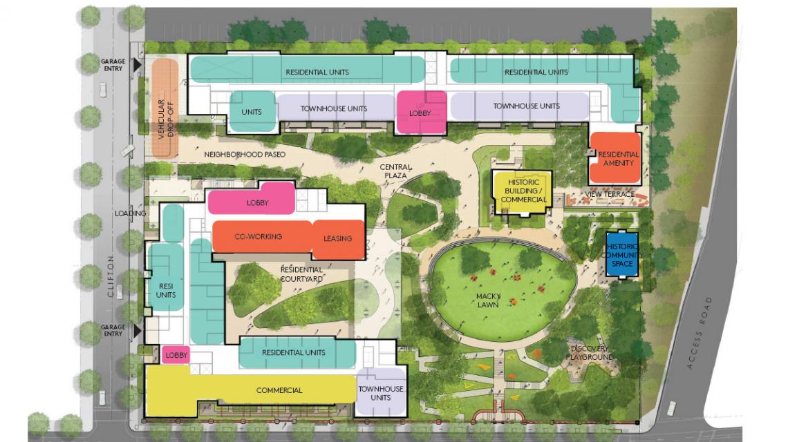 Rendering of site plan showing location of various buildings