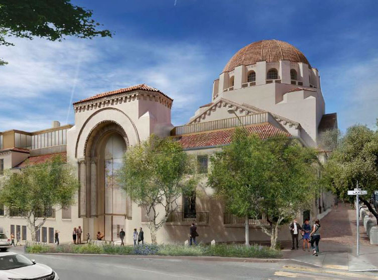 Exterior rendering of temple entrance from across the tree lined street