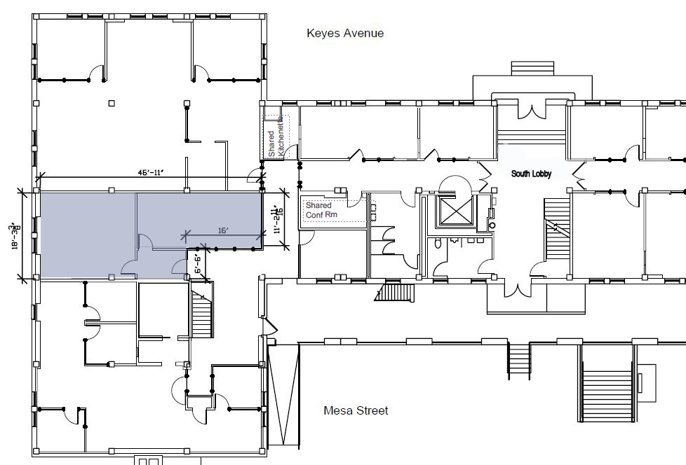 Building floor plan highlighting location of suite 101