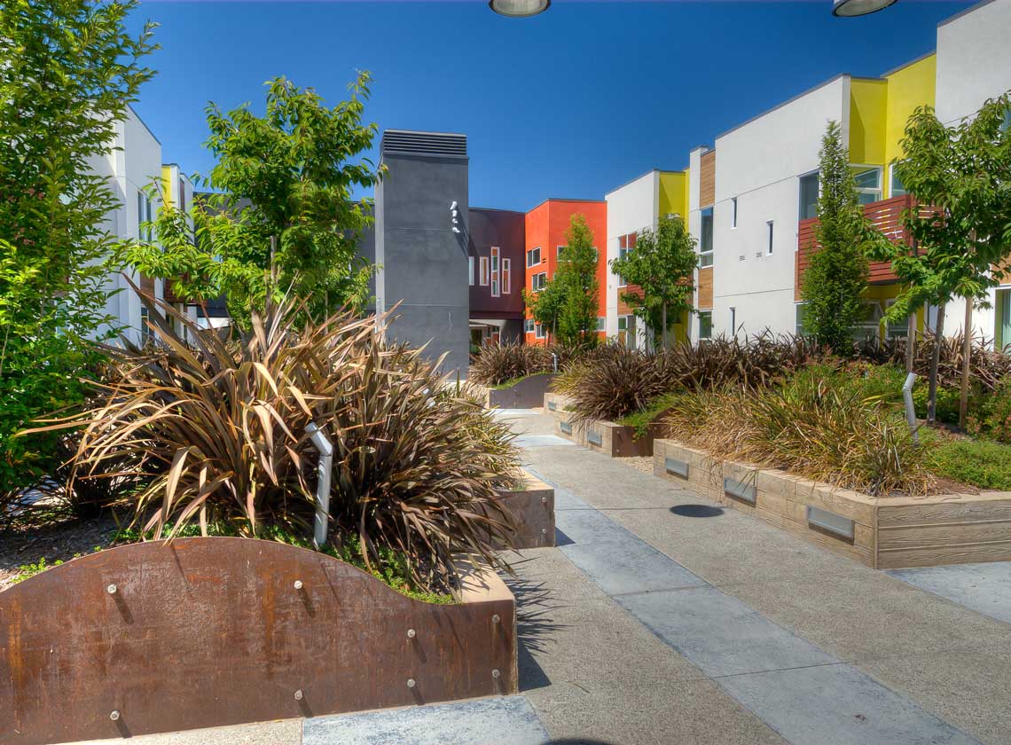 Exterior daytime view of landscaped courtyard with walls of multifamily units painted in various bright colors