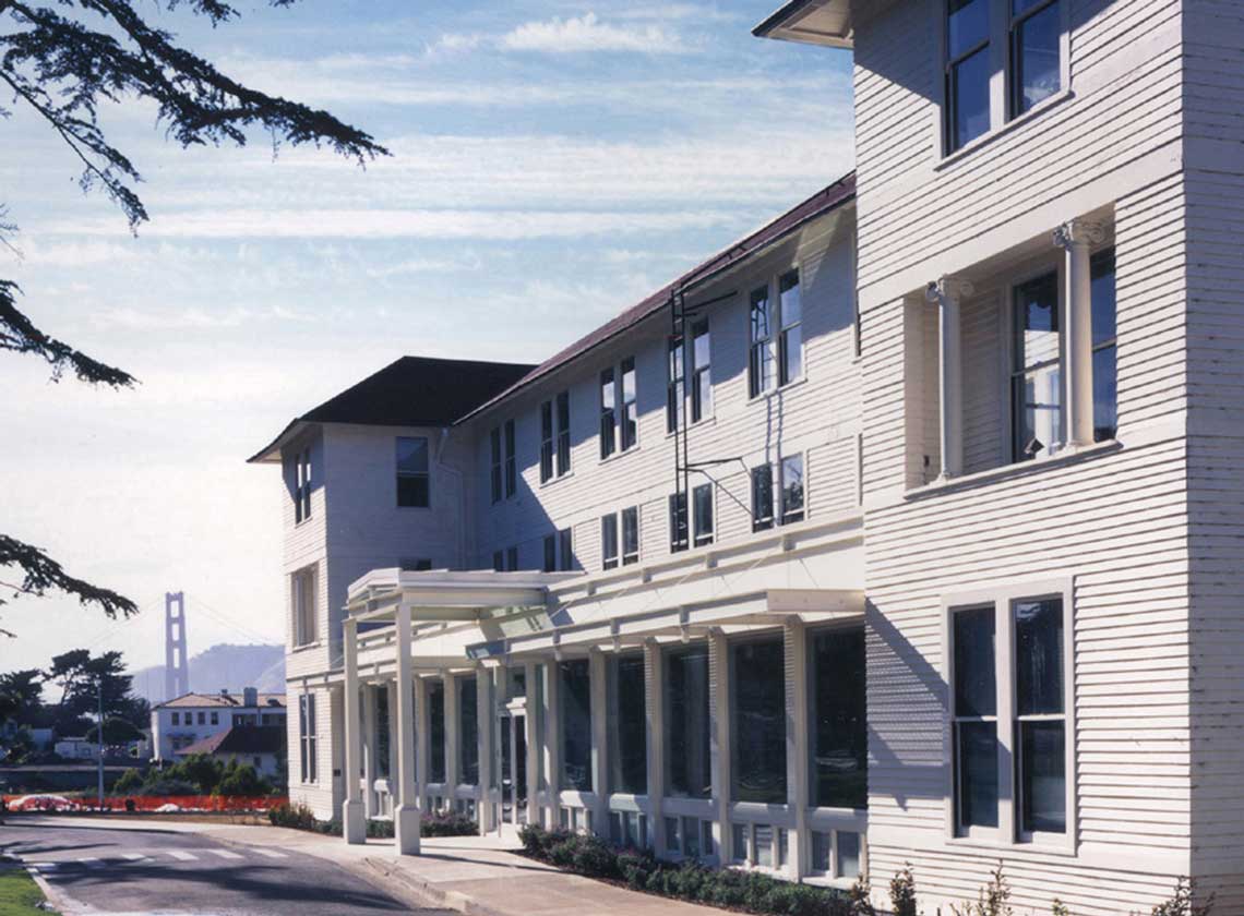 Exterior daytime view of Thoreau Center for Sustainability with Golden Gate Bridge in the distance