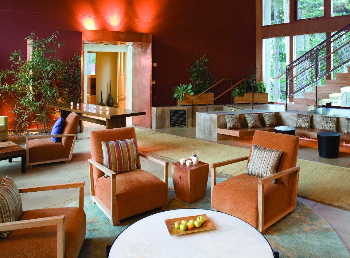 Interior of lodge lobby and lounge seating area