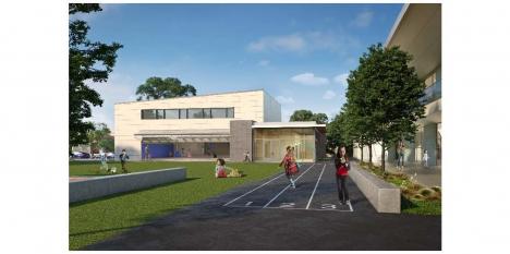 Ground-level exterior rendering of play areas with children playing with school structure in the background