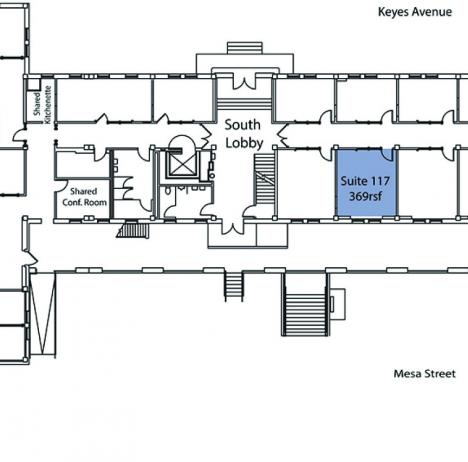 Building floor plan showing location of suite 117 within building floor plan.