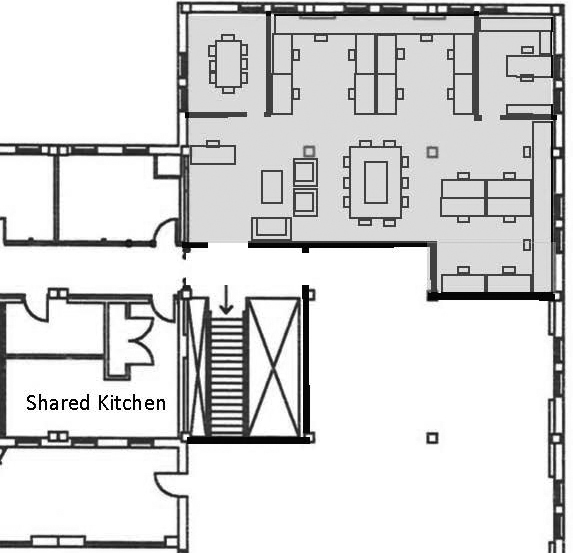 Drawing of building floor plan with office highlighted and potential offices and furniture layout