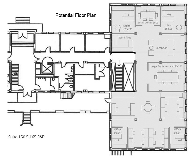 drawing of building floor plan with potential office layout highlighted